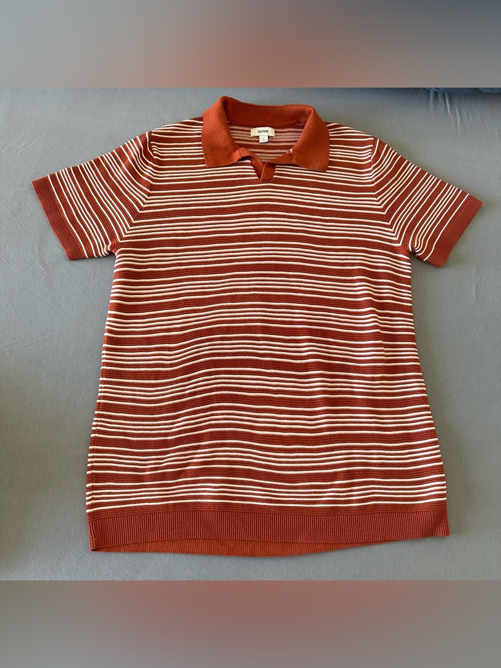 Alfani Orange/Rust & White Striped Short Sleeve Cotton Knit Polo